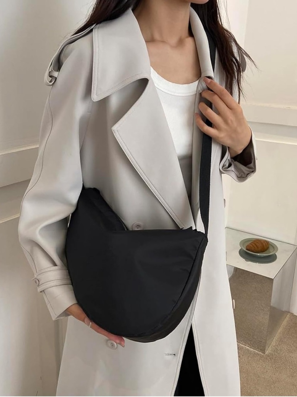 Black Crescent Shoulder Bag Half Moon Mini Crossbody Purse with Adjustable Strap